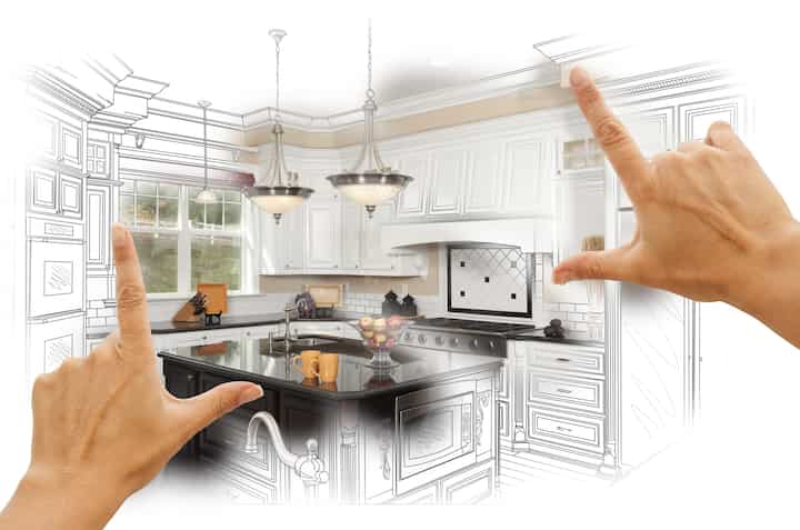 A kitchen renovation design with an open floor plan, featuring a large island and modern appliances in Bohemia